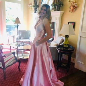 Sherri Hill full length pink satin formal dress